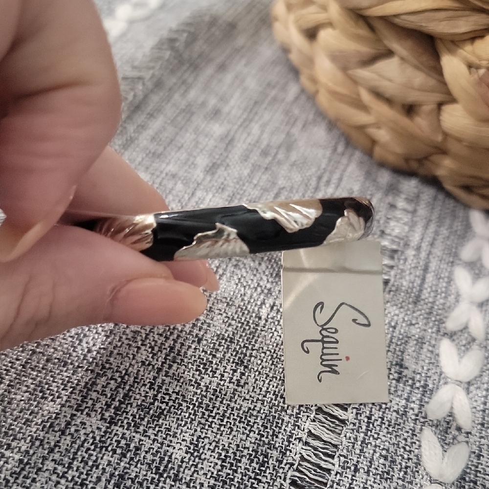 Sequin Black and Silver Tone Seashell Bangle Coastal